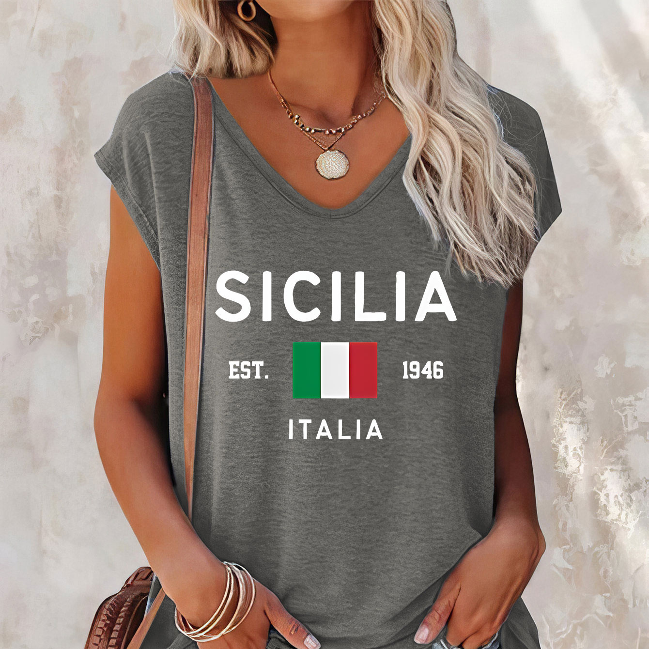 

Sicilia Print V Neck Tank Top, Casual Sleeveless Top For Summer & Spring, Women's Clothing