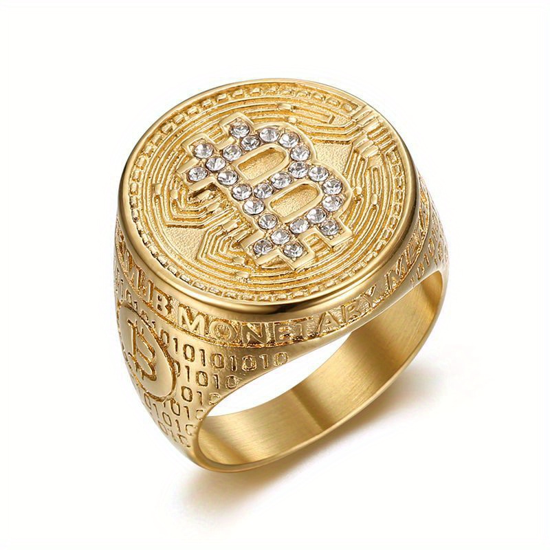 

Hip Hop Titanium Steel Inlaid Rhinestone Bitcoin Men's Ring