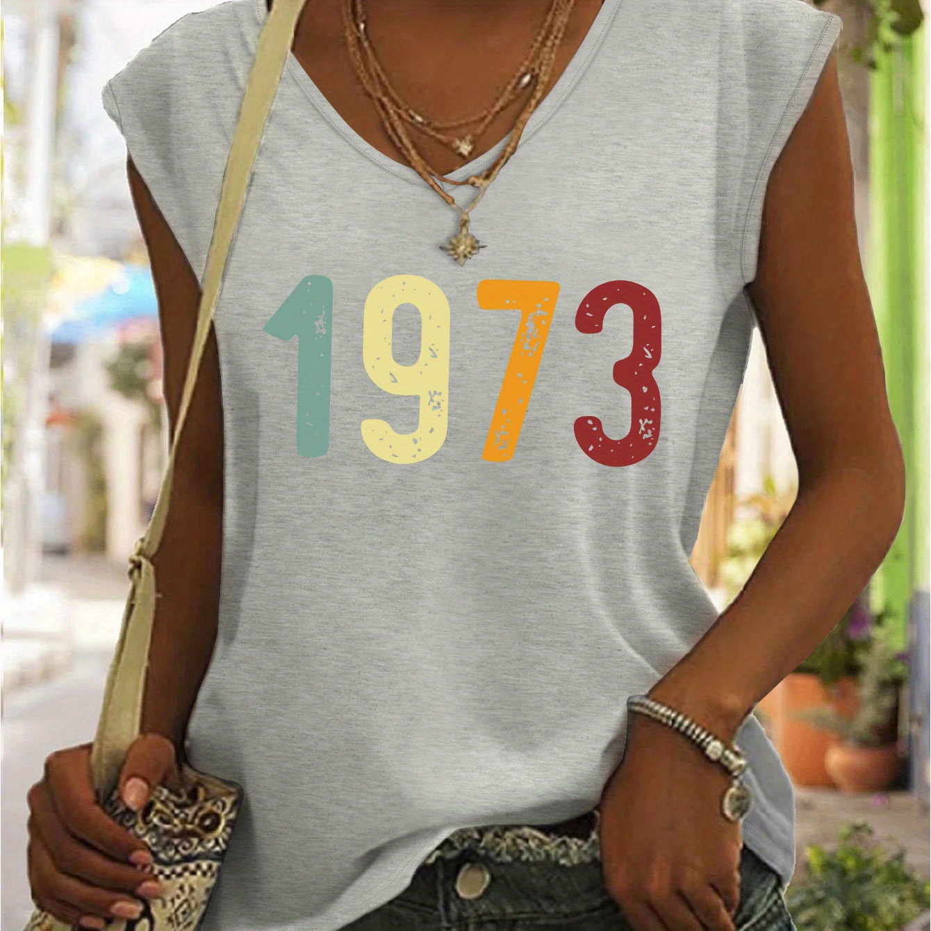 

1973 Print V Neck Top, Casual Cap Sleeve Top For Summer, Women's Clothing