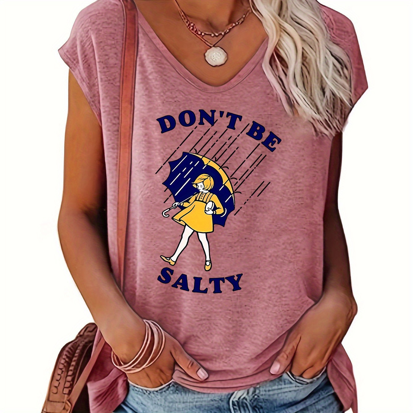

Don't Be Salty Print V Neck Tank Top, Casual Sleeveless Top For Summer & Spring, Women's Clothing