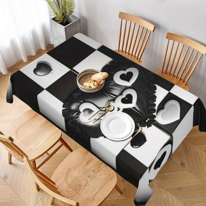 

1pc, Tablecloth, Black And White Love Element pattern Table Decor, Rectangle Simple Style Table Cover, For Picnic Or Holiday Party, Room Decor, Dining Table Decor