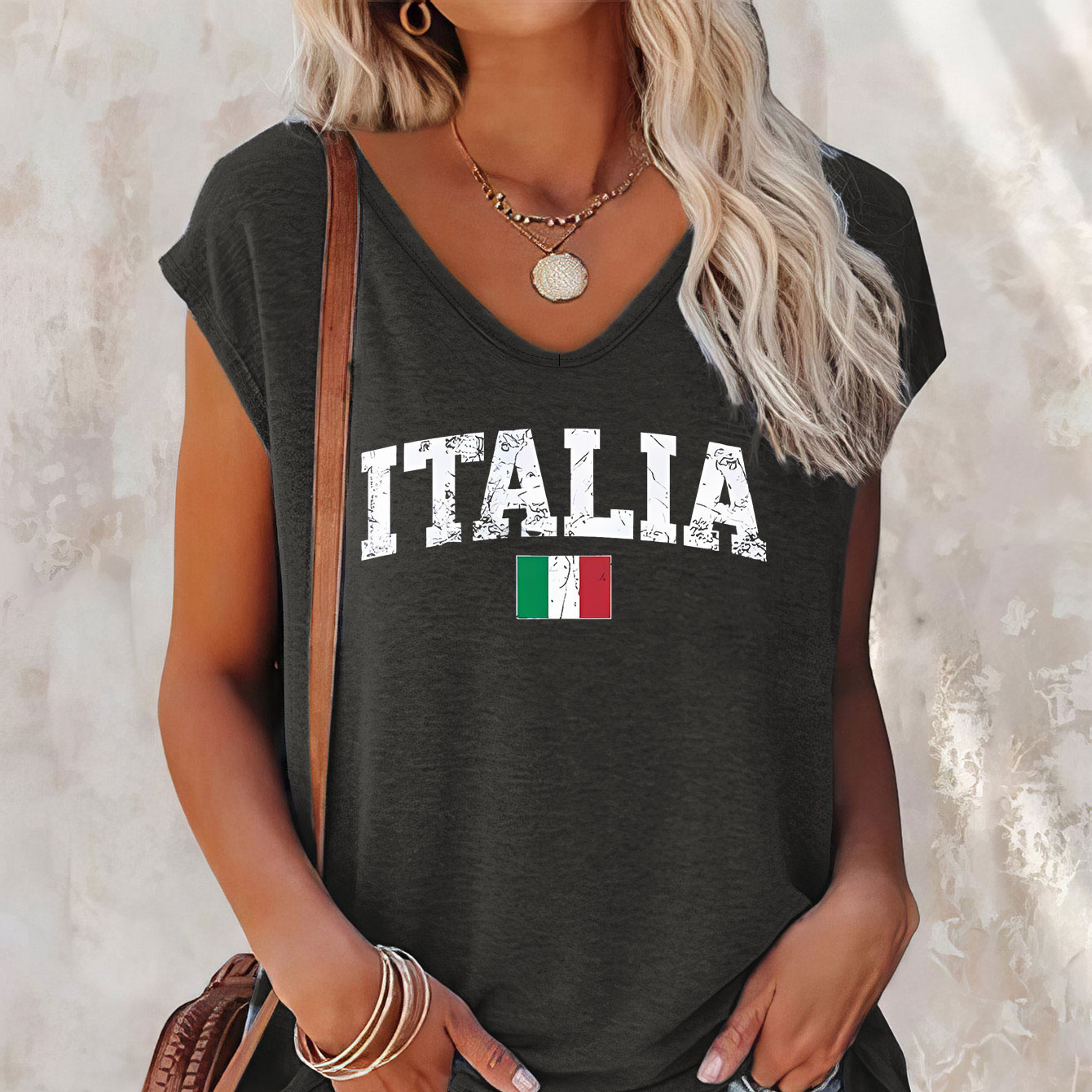 

Italia Print Cap Sleeve Top, Casual Top For Summer & Spring, Women's Clothing