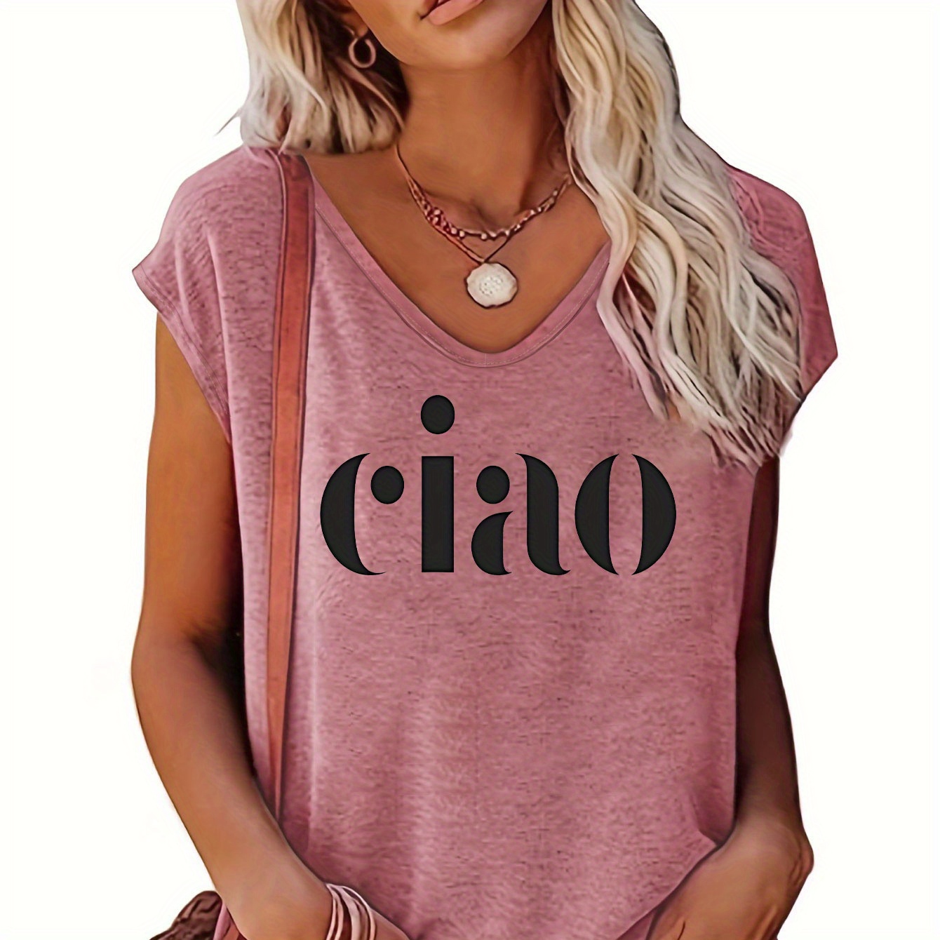 

Ciao Print V Neck Tank Top, Casual Sleeveless Top For Summer & Spring, Women's Clothing