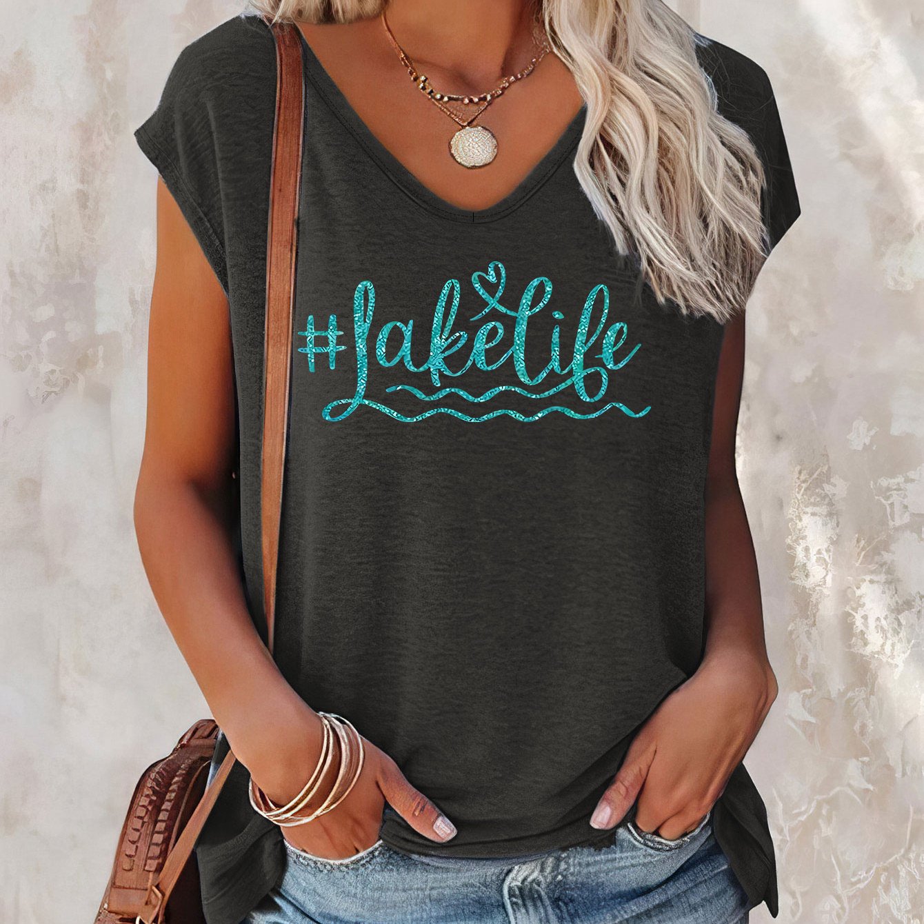 

Lake Life Print V Neck Tank Top, Casual Sleeveless Top For Summer & Spring, Women's Clothing
