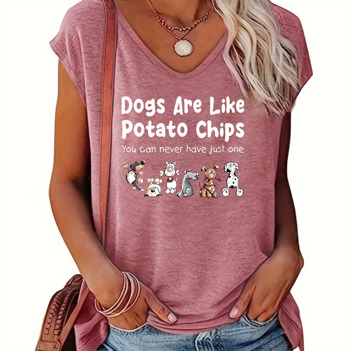 

Dog & Letter Print V Neck Tank Top, Casual Sleeveless Top For Summer & Spring, Women's Clothing