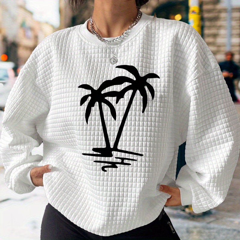 

Coconut Tree Print Waffle Sweatshirt, Casual Long Sleeve Crew Neck Sweatshirt, Women's Clothing