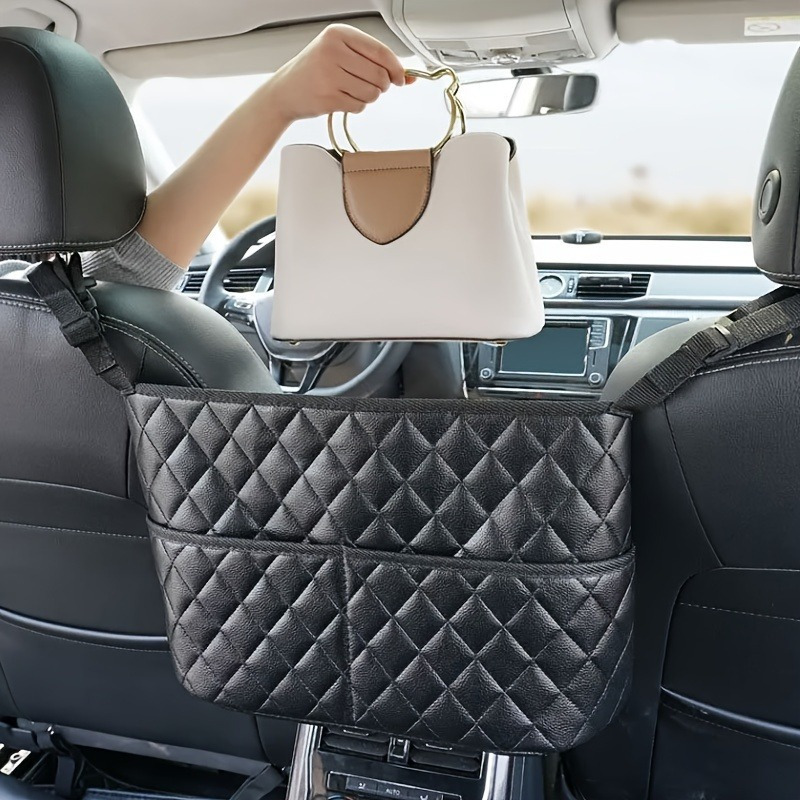 TEMU Large Capacity Car Seat Back Organizer - Durable Faux Leather Storage Net Bag For Vehicle Interior Accessories