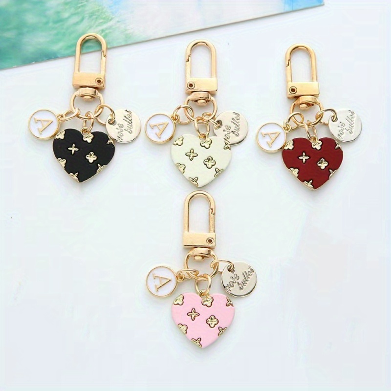 

4pc Heart-shaped Keychains Floral Design, Hollow Round Charm & Letter A, Romantic Accessories For Bags & Car Keys