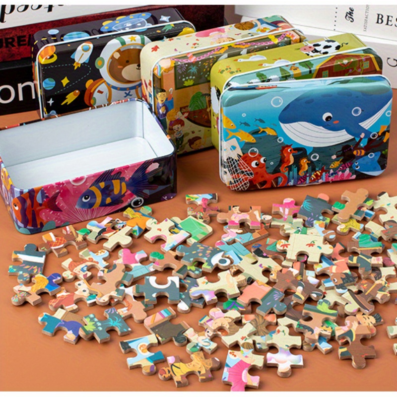 

60pcs Iron Box Wooden Puzzle Toys, Multi-theme Wooden Puzzles