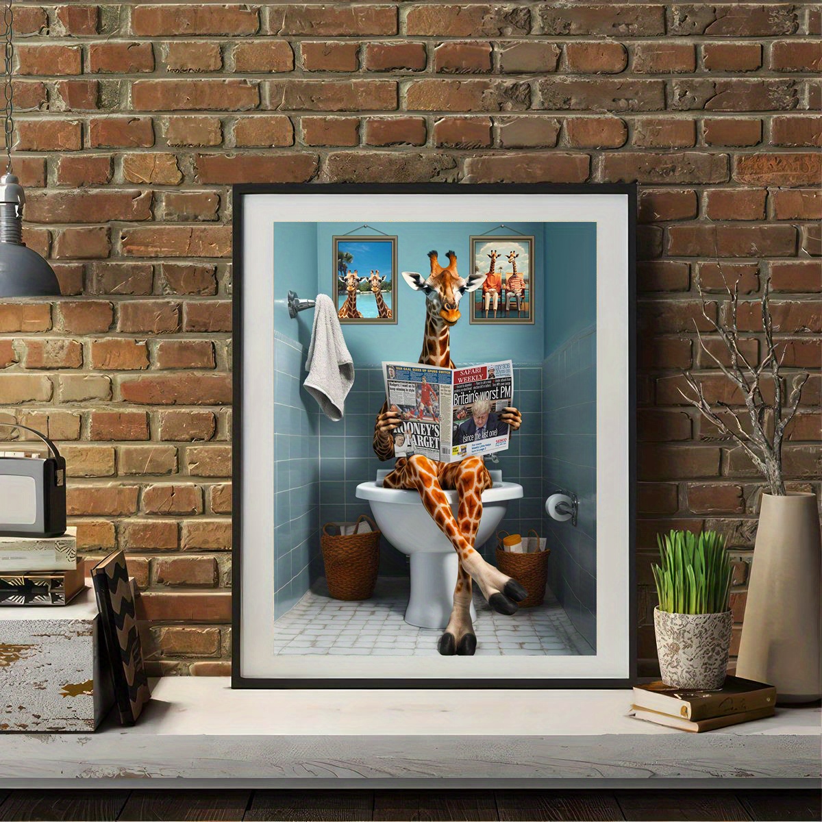 

Funny Giraffe Reading Newspaper On Toilet Canvas Art, 12x16" - Frameless Wall Decor For Home, Office, Cafe