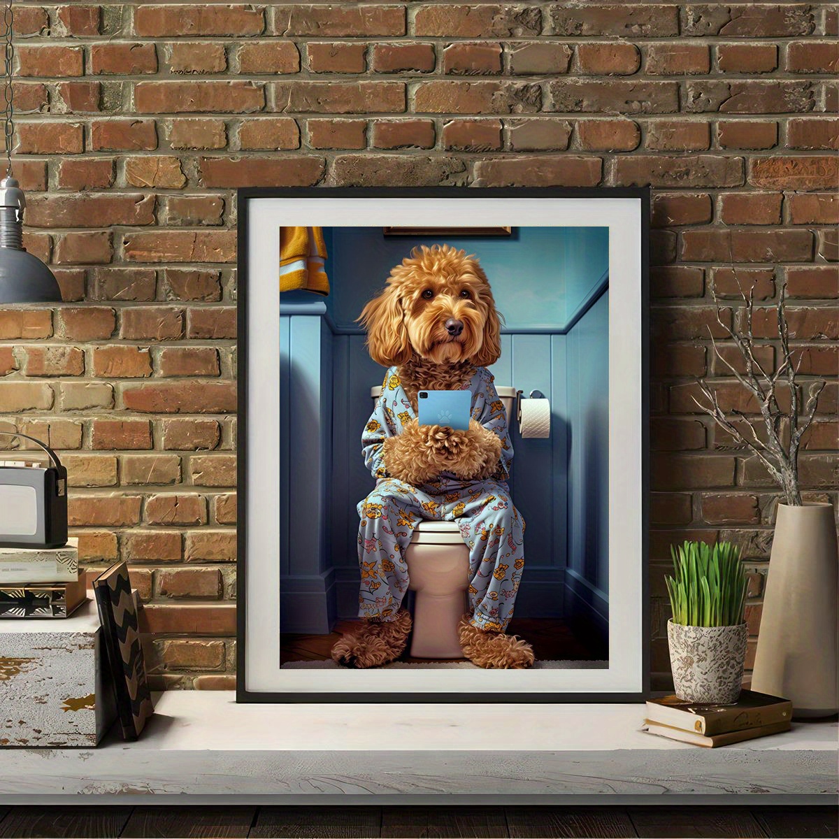 

Funny Puppy On Toilet With Smartphone Canvas Art, 12x16" - Frameless Wall Decor For Home, Office, Cafe