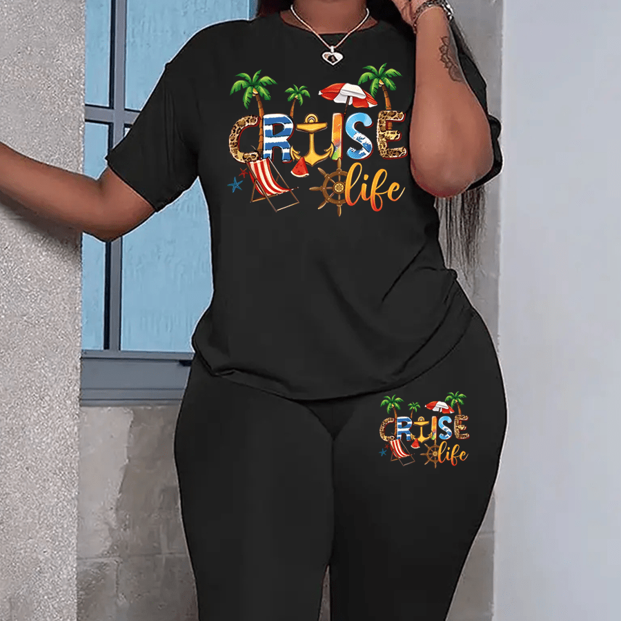 

Plus Size Cruise Print Leggings Set, Crew Neck Short Sleeve T-shirt & Leggings, Women's Plus Size Clothing