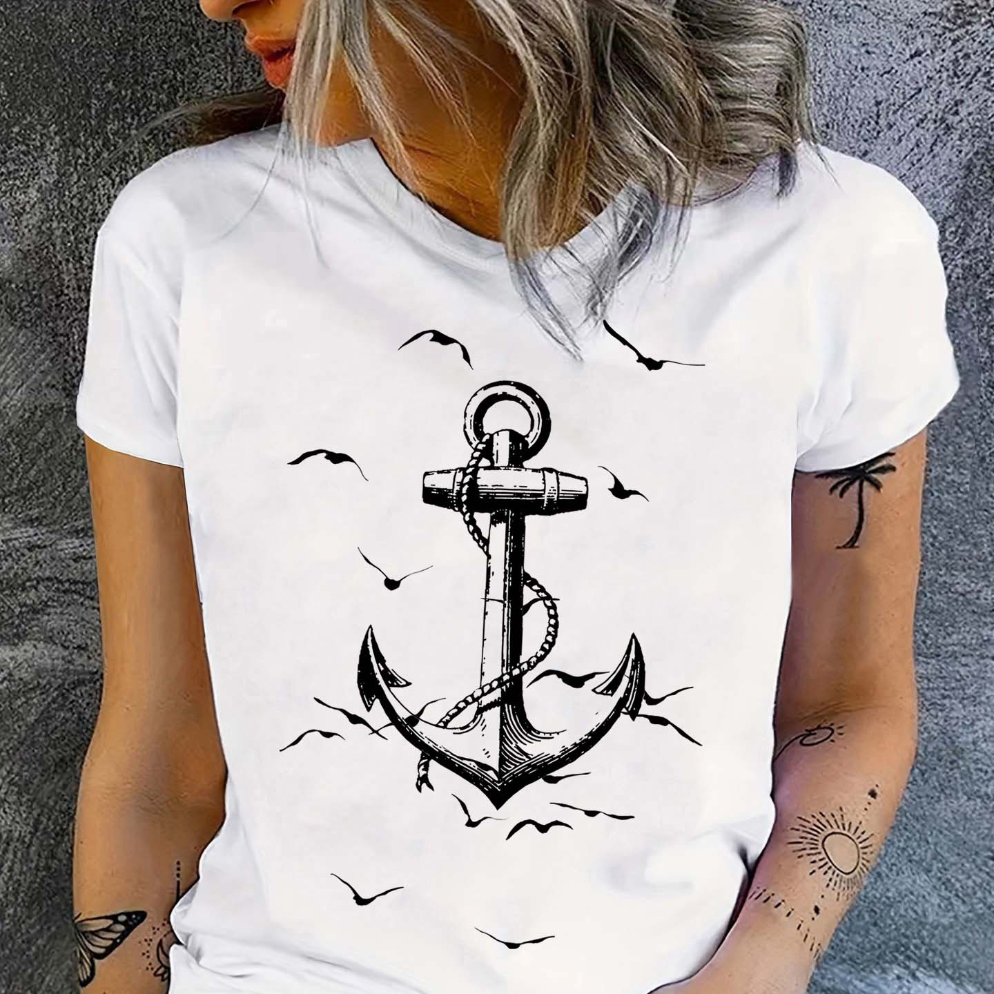 

Anchor Print T-shirt, Short Sleeve Crew Neck Casual Top For Summer & Spring, Women's Clothing