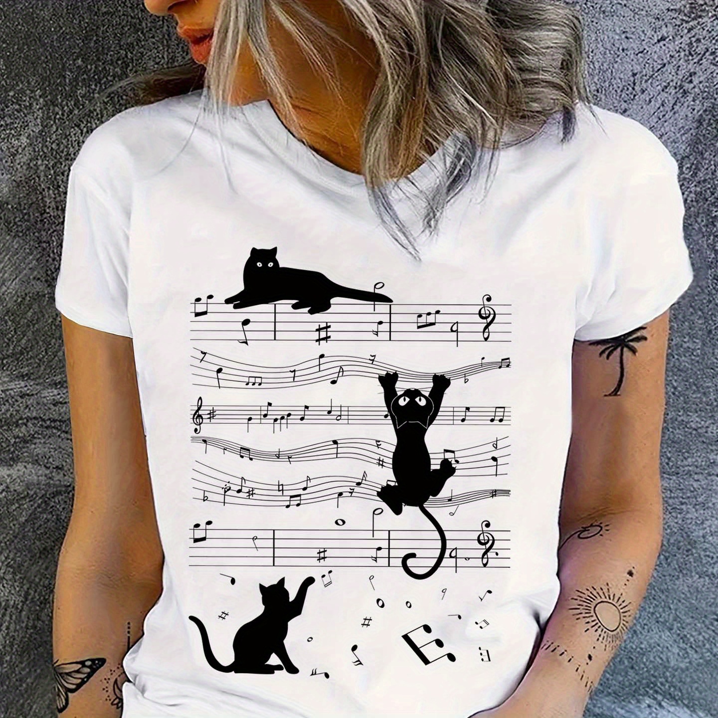 

Cat Print T-shirt, Short Sleeve Crew Neck Casual Top For Summer & Spring, Women's Clothing