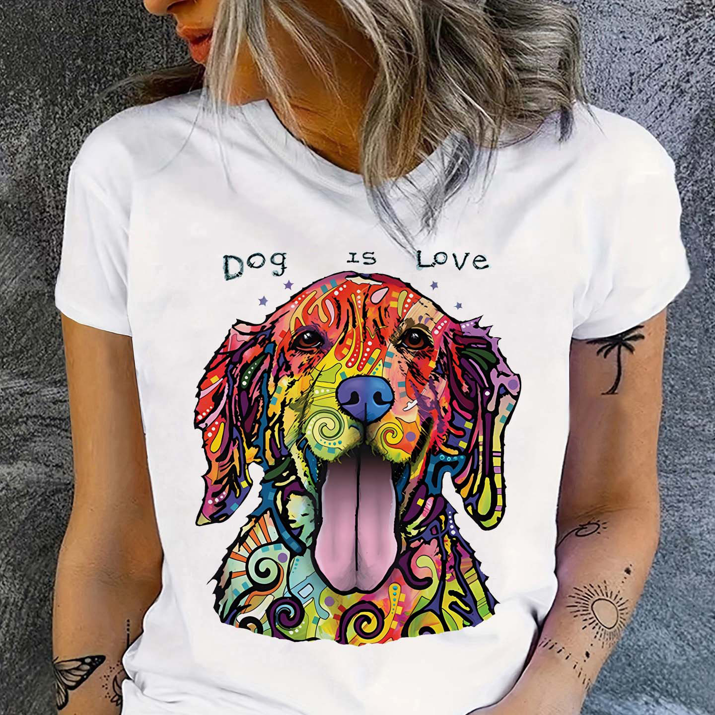 

Dog Print T-shirt, Short Sleeve Crew Neck Casual Top For Summer & Spring, Women's Clothing