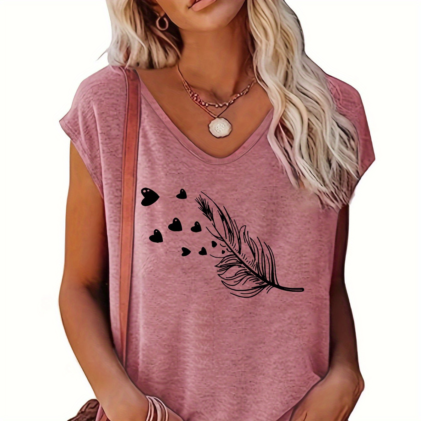 

Feather Print Cap Sleeve Top, Casual Top For Summer & Spring, Women's Clothing