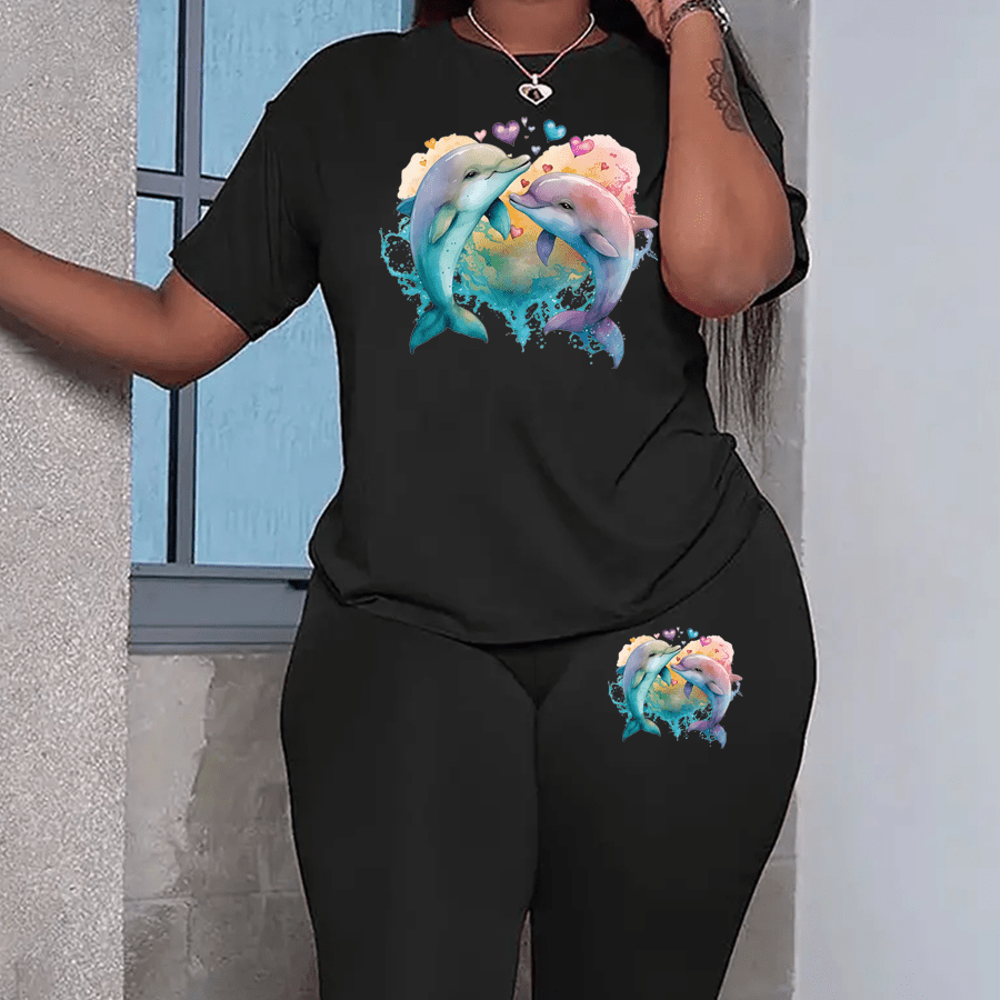 

Plus Size Print Leggings Set, Crew Neck Short Sleeve T-shirt & Leggings, Women's Plus Size Clothing