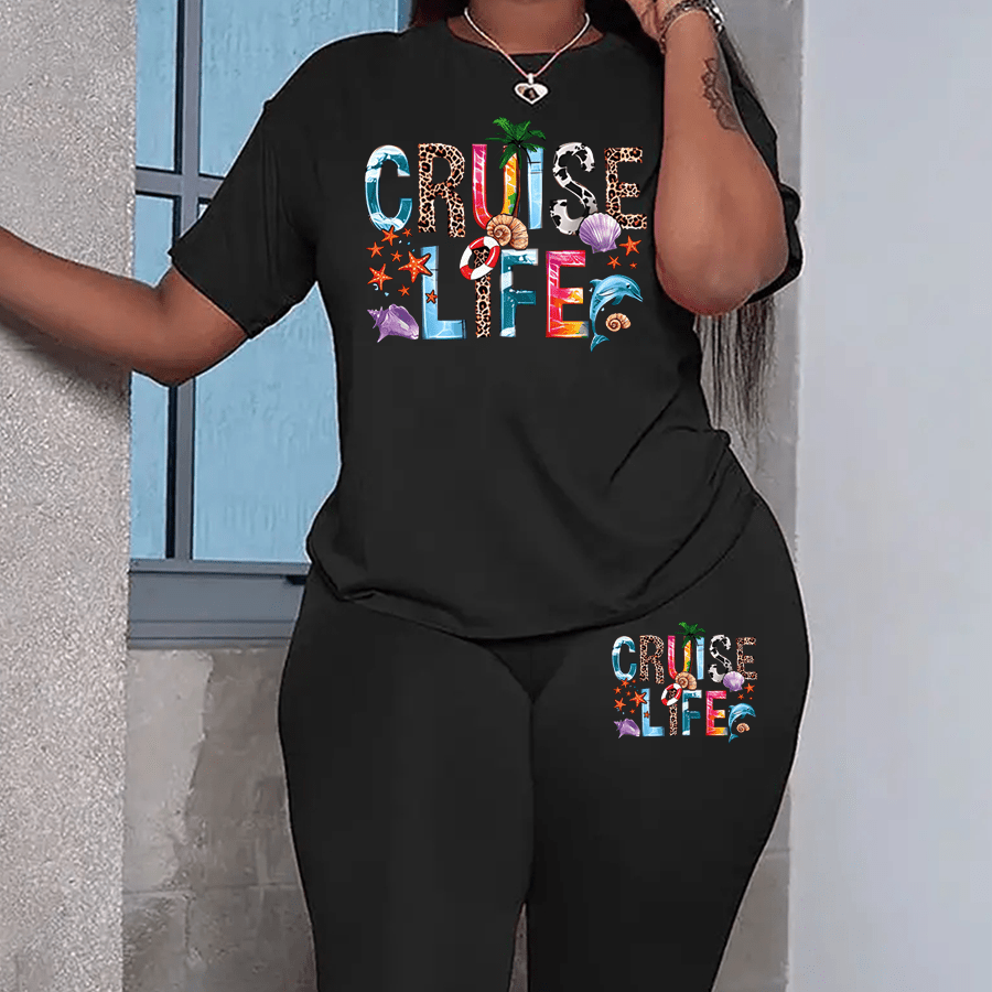 

Plus Size Cruise Life Print Leggings Set, Crew Neck Short Sleeve T-shirt & Leggings, Women's Plus Size Clothing