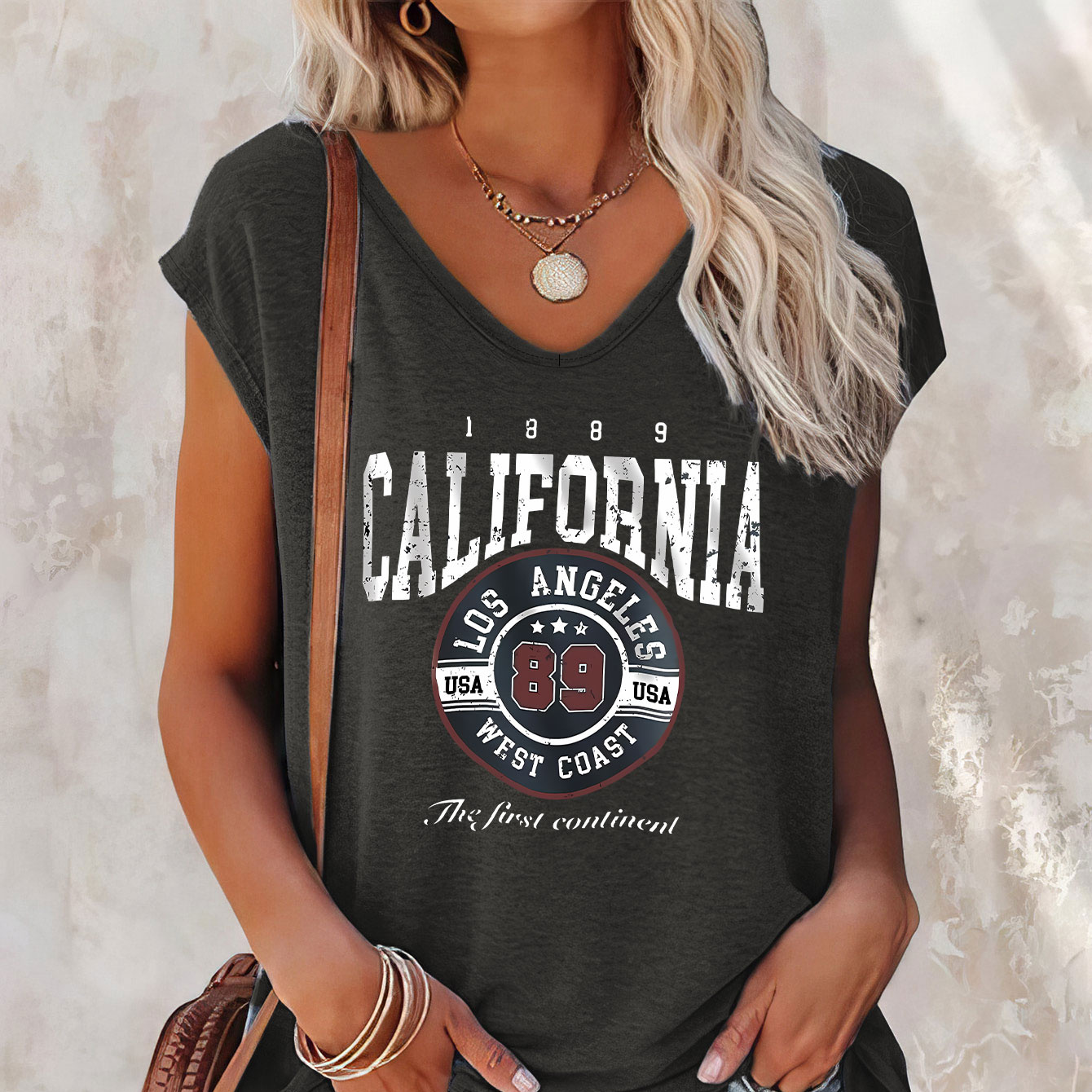 

California Print Cap Sleeve Top, Casual Top For Summer & Spring, Women's Clothing