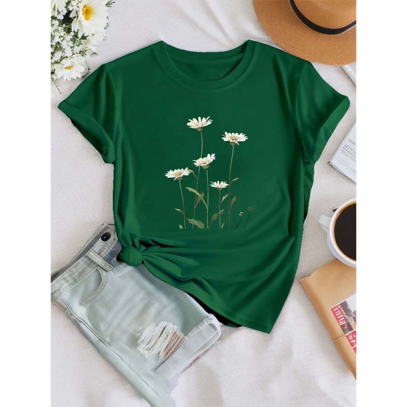 

Daisy Print T-shirt, Short Sleeve Crew Neck Casual Top For Summer & Spring, Women's Clothing