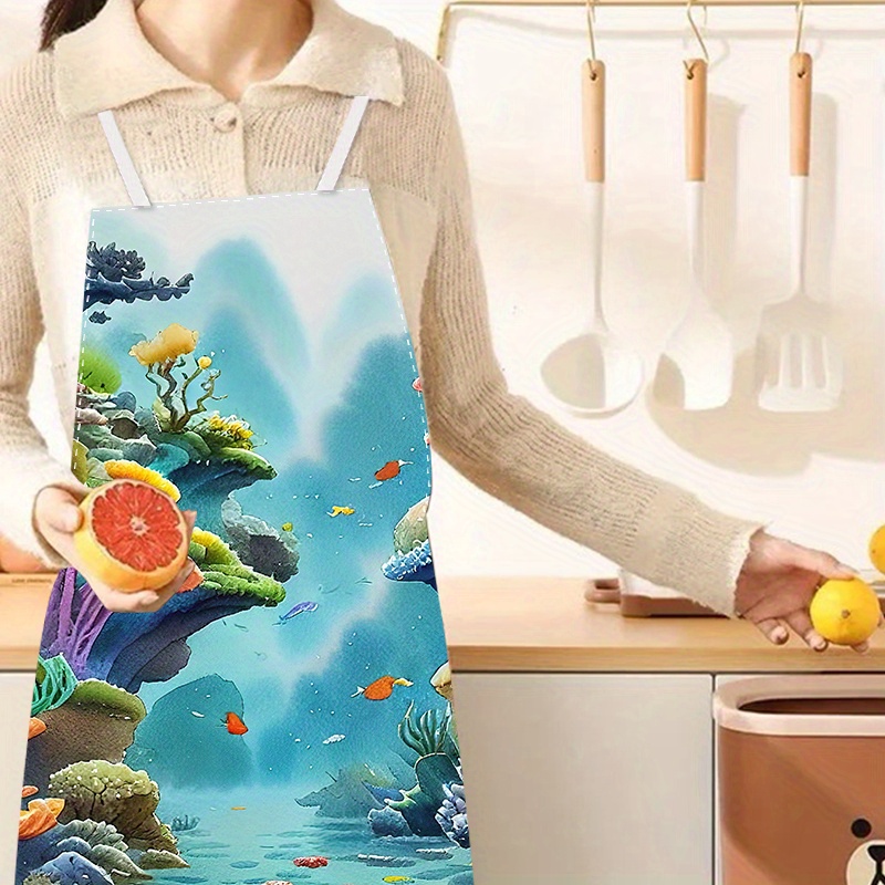 

Underwater Coral Print Apron - Waterproof And Oil-resistant Polyester Kitchen Apron With Adjustable Neck Strap For Cooking, Gardening, Painting, And Restaurant Work - Durable Woven Fabric, 1pcs