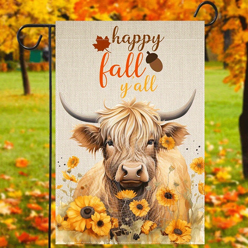 

1pc, Happy Fall Y'all Garden Flag, Highland Cattle Cow Floral Print Double Sided Lawn Flag, Autumn Outdoor Decorative Vertical Burlap Flag Double Sided Waterproof Banner 12x18inch