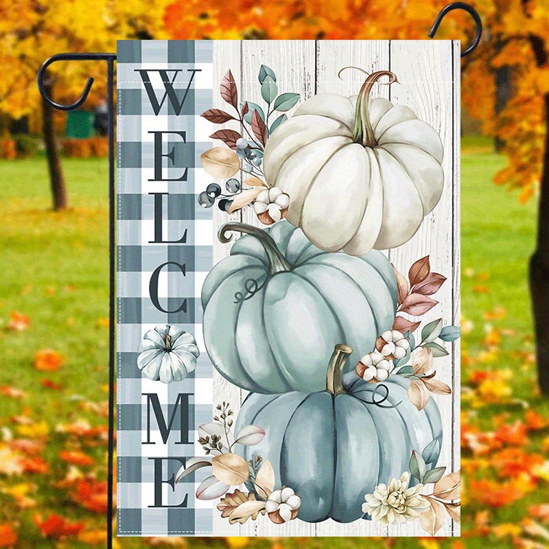 

1pc, Teal Pumpkins Welcome Garden Flag, Fall Harvest Theme Yard Flag Autumn Lawn Flag For Outdoor Seasonal Farm Sign Porch Sign Double Sided Waterproof Flag 12x18inch