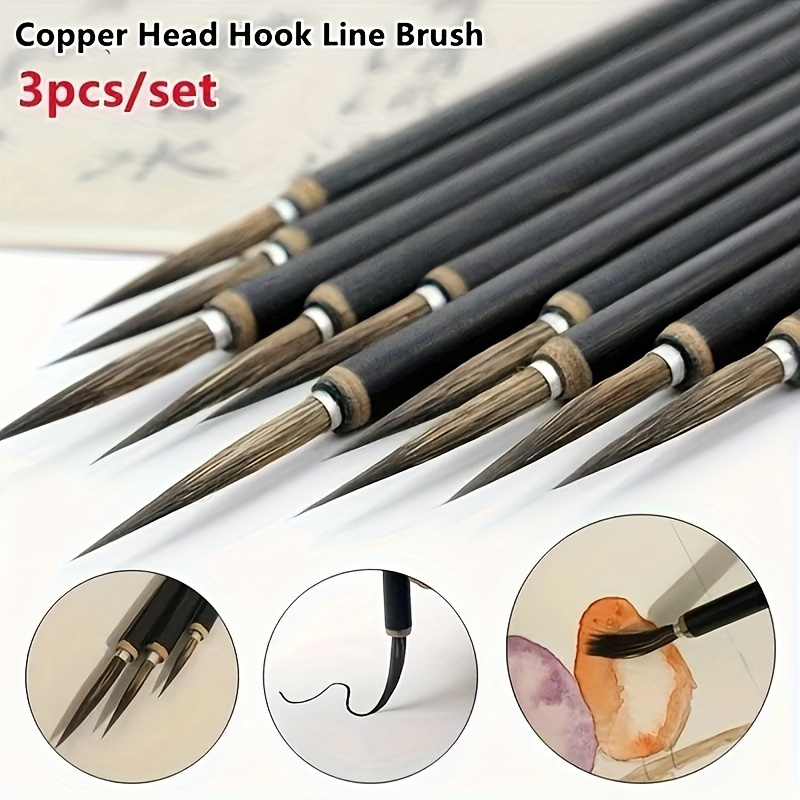 

precision Crafted" 3-piece Fine Calligraphy & Chinese Painting Brush Set - Copper Head Hook Brushes For Detailed Strokes, Floral & Bird Artwork - Black Bamboo Handle