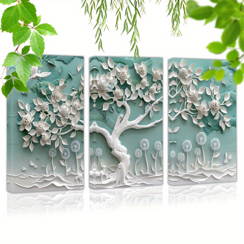 

Framed 60cmx90cmx3pcs (24inchx36inchx3pcs) Canvas Wall Art Ready To Hang 3d Mural Painting Of A White Tree With Green Leaves (2) Wall Art Prints Poster Wall Picrtures Decor For Home