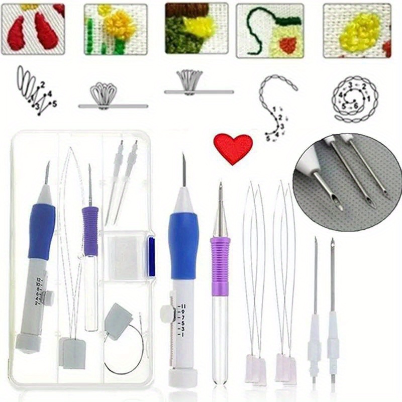 

Diy Embroidery Punch Needle Kit - 7pcs Set With Ergonomic Handle, 3 Needles, 2 Threaders, Pen Needle & Storage Box For Clothes, Textiles, Decorative Painting - Abs & Metal Crafting Tools