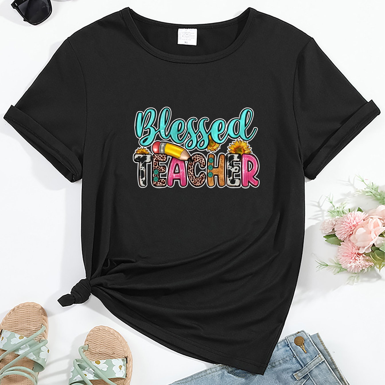 

Blessed Teacher Graphic Crew Neck Sports Tee, Round Neck Short Sleeves Casual T-shirt, Women's Activewear