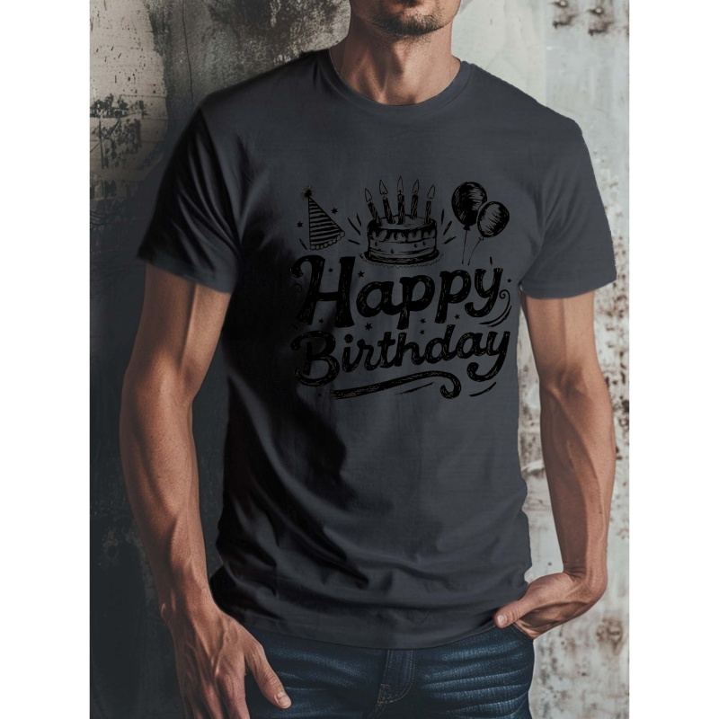 

Happy Birthday Print Tee Shirt, Tees For Men, Casual Short Sleeve T-shirt For Summer