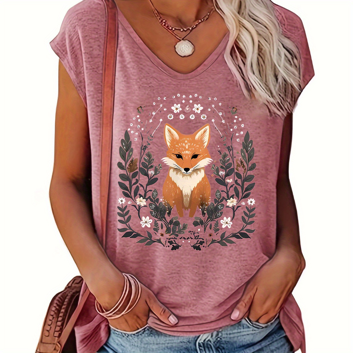 

Fox Print Tank Top, Cap Sleeve V Neck Casual Top For Summer & Spring, Women's Clothing