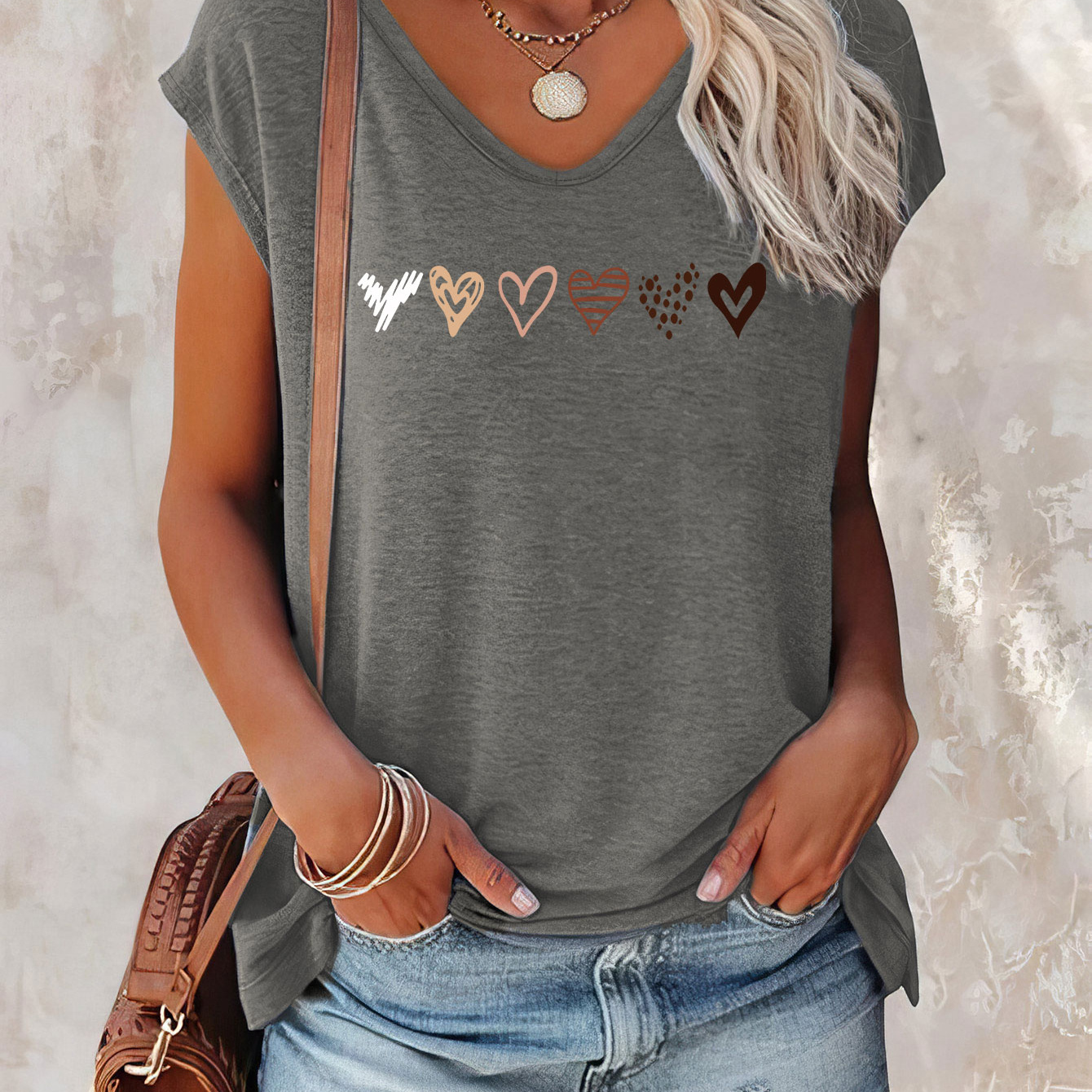 

Heart Print Cap Sleeve Top, Casual Top For Summer & Spring, Women's Clothing