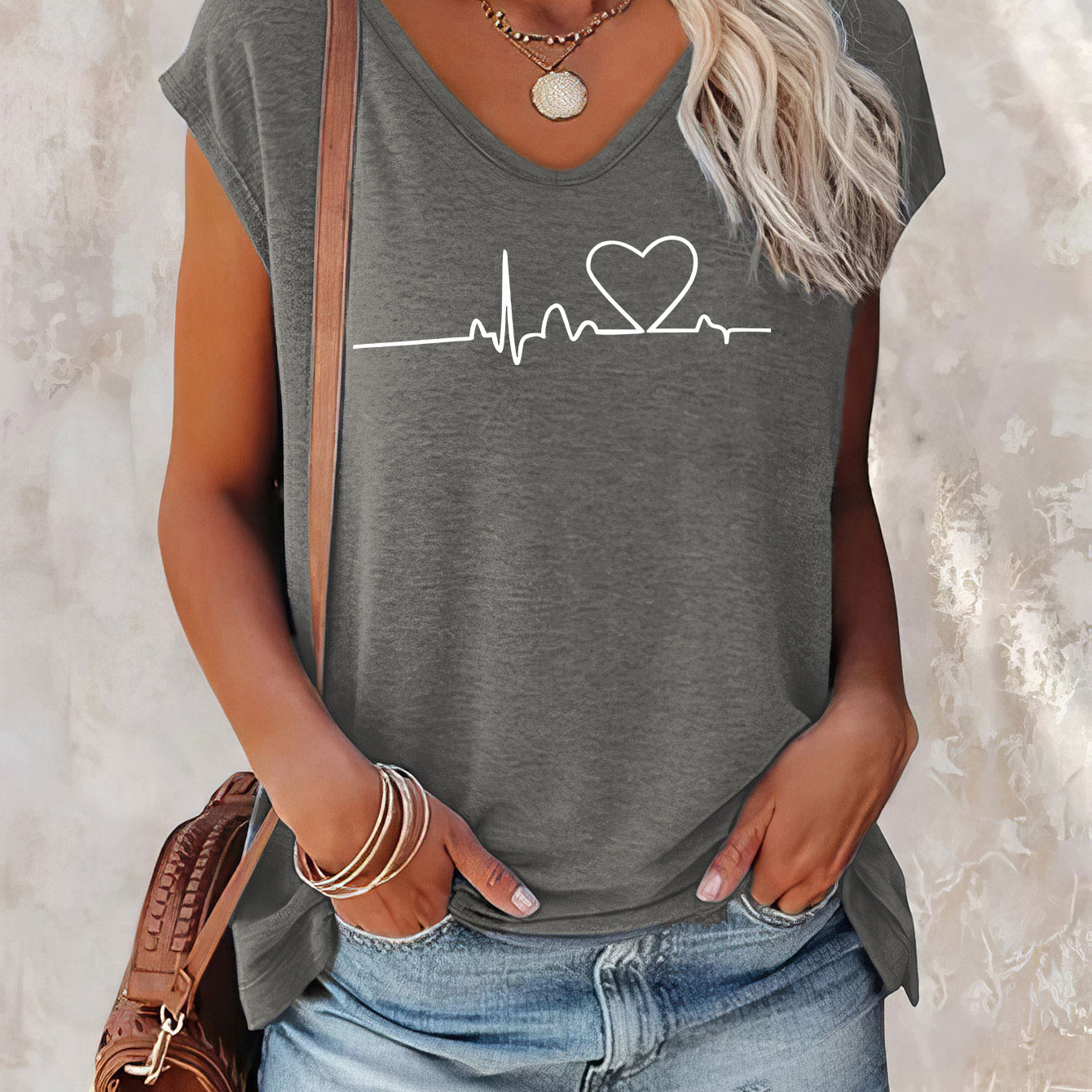 

Heart Print Cap Sleeve Top, Casual Top For Summer & Spring, Women's Clothing