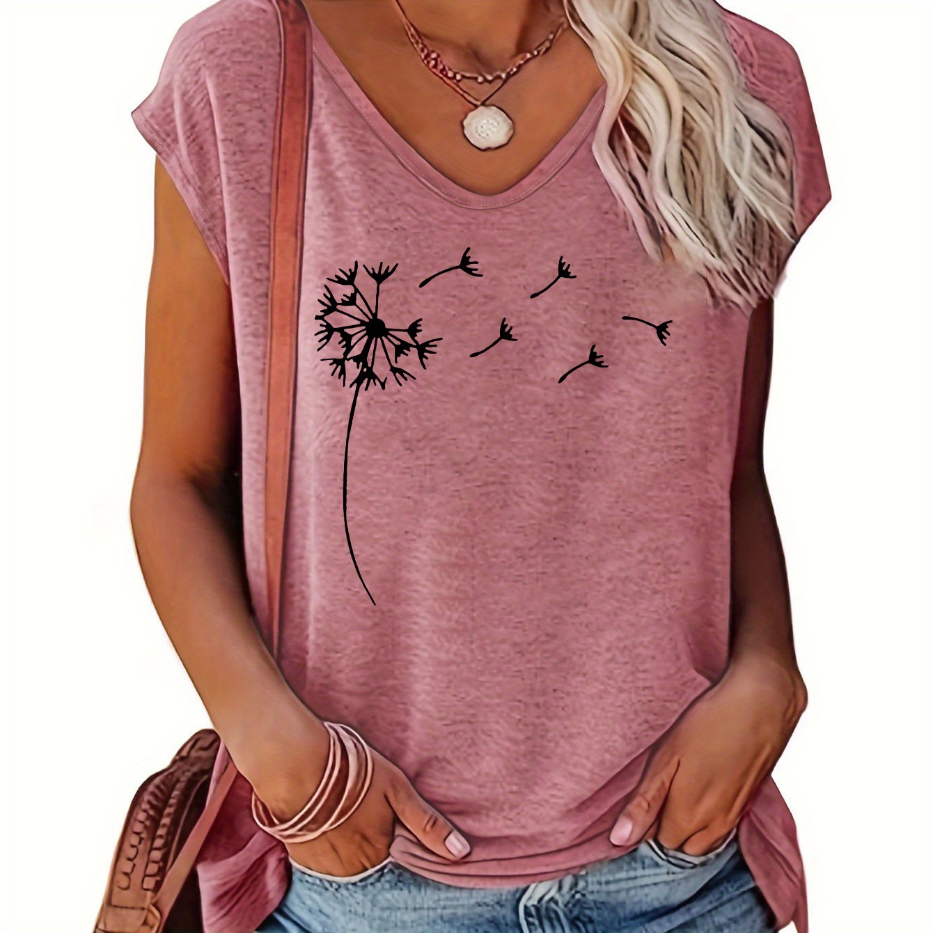 

Dandelion Print Tank Top, Cap Sleeve V Neck Casual Top For Summer & Spring, Women's Clothing