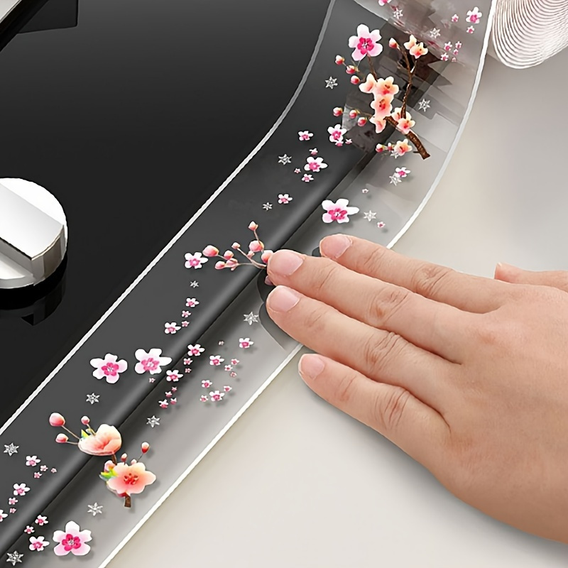 TEMU 1 Roll Cherry Transparent Sealing Tape, Waterproof Mildew-proof Adhesive Tape For Sink, Toilet, Kitchen, And Bathroom, Decorative Flowers Pattern Edge Protector