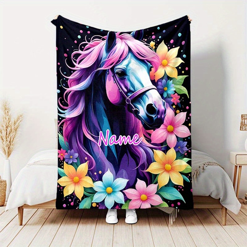 

1pc Blanket, Personalized Custom Name Blanket, Colorful Horses Pattern Text Nap Blanket, 4 Seasons Outdoor Travel Leisure Blanket, For Birthday Gift