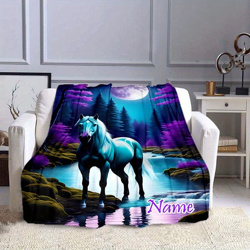 

1pc Blanket, Personalized Custom Name Blanket, Colorful Horses Pattern Text Nap Blanket, 4 Seasons Outdoor Travel Leisure Blanket, For Birthday Gift