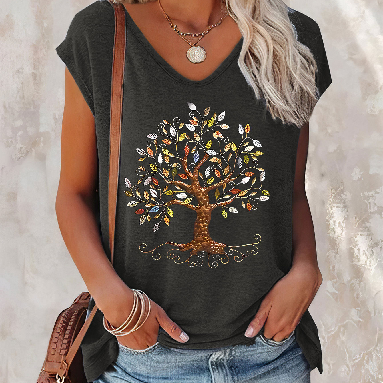 

Tree Print Tank Top, Cap Sleeve Casual Top For Summer & Spring, Women's Clothing