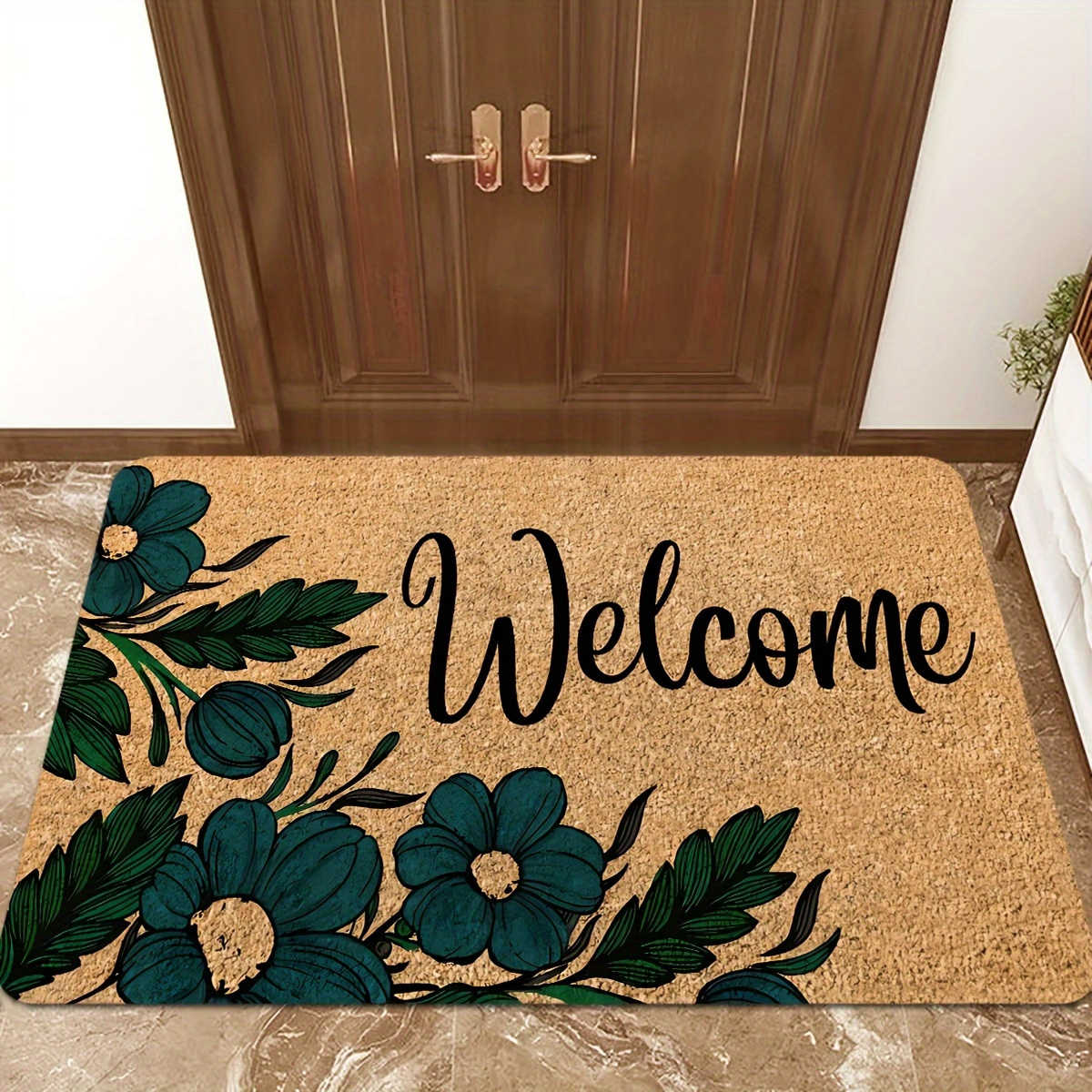 

Welcome Home Floral Door Mat - Anti-slip, Stain-resistant Polyester With Sponge Backing, Entryway, Kitchen, Living Room & More - Brown