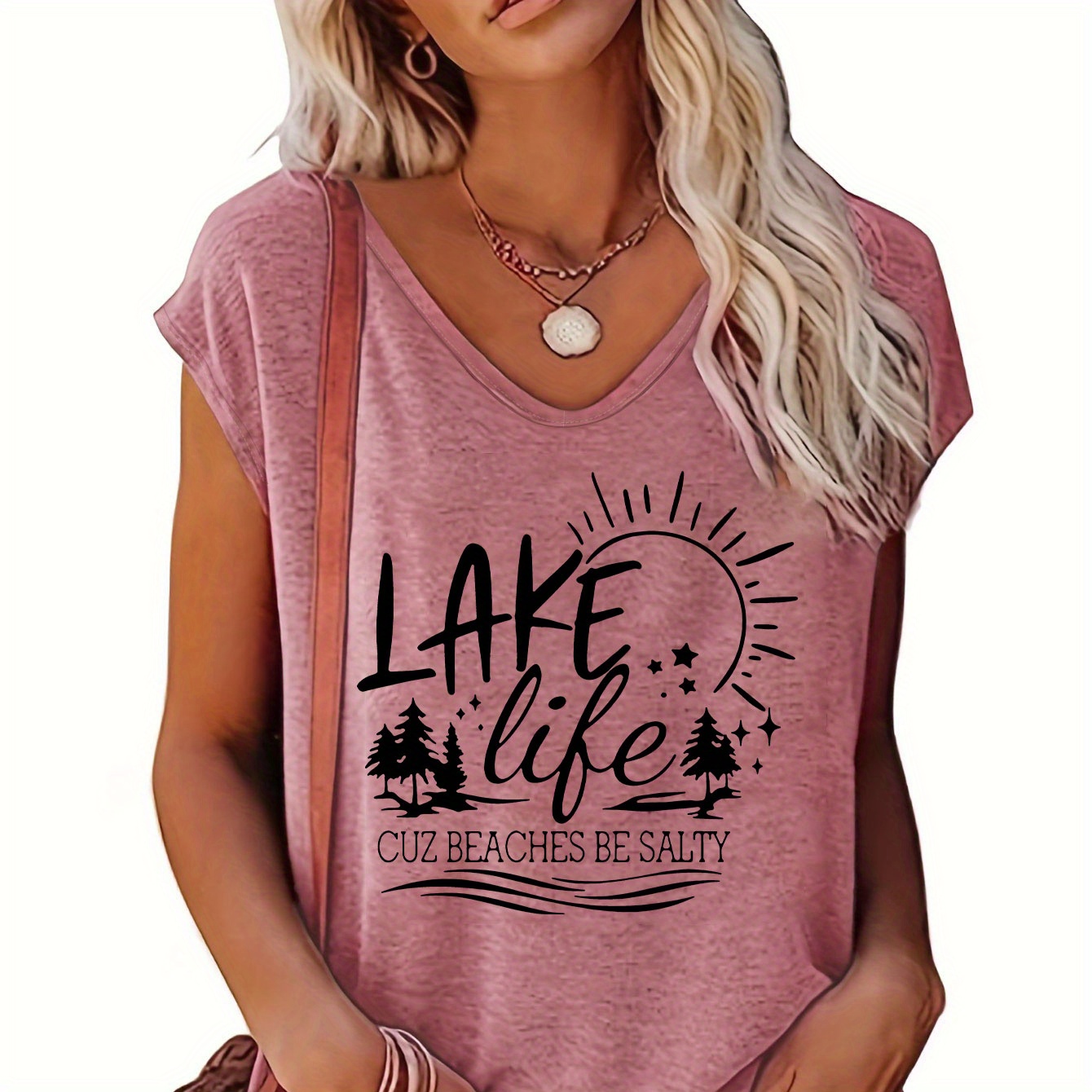 

Lake Life Print Cap Sleeve Top, V Neck Casual Top For Summer & Spring, Women's Clothing