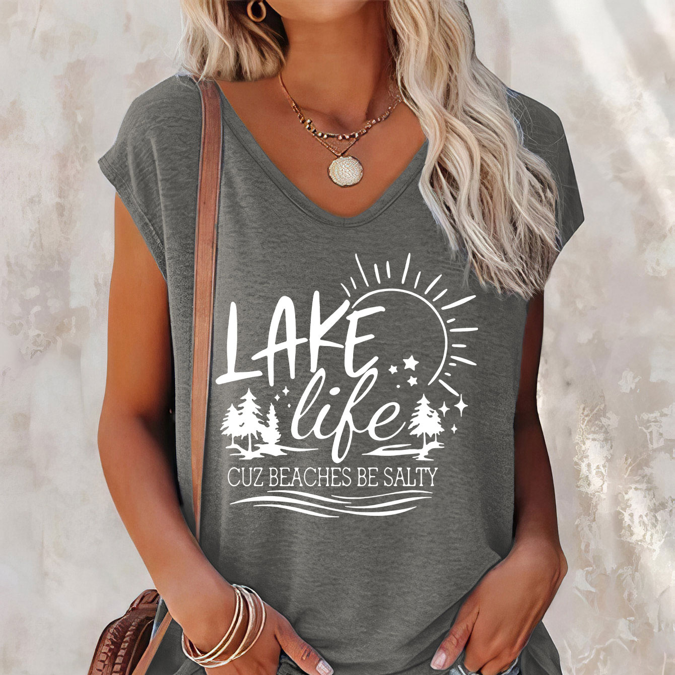 

Lake Print Cap Sleeve Tank Top, Casual V-neck Top For Summer & Spring, Women's Clothing
