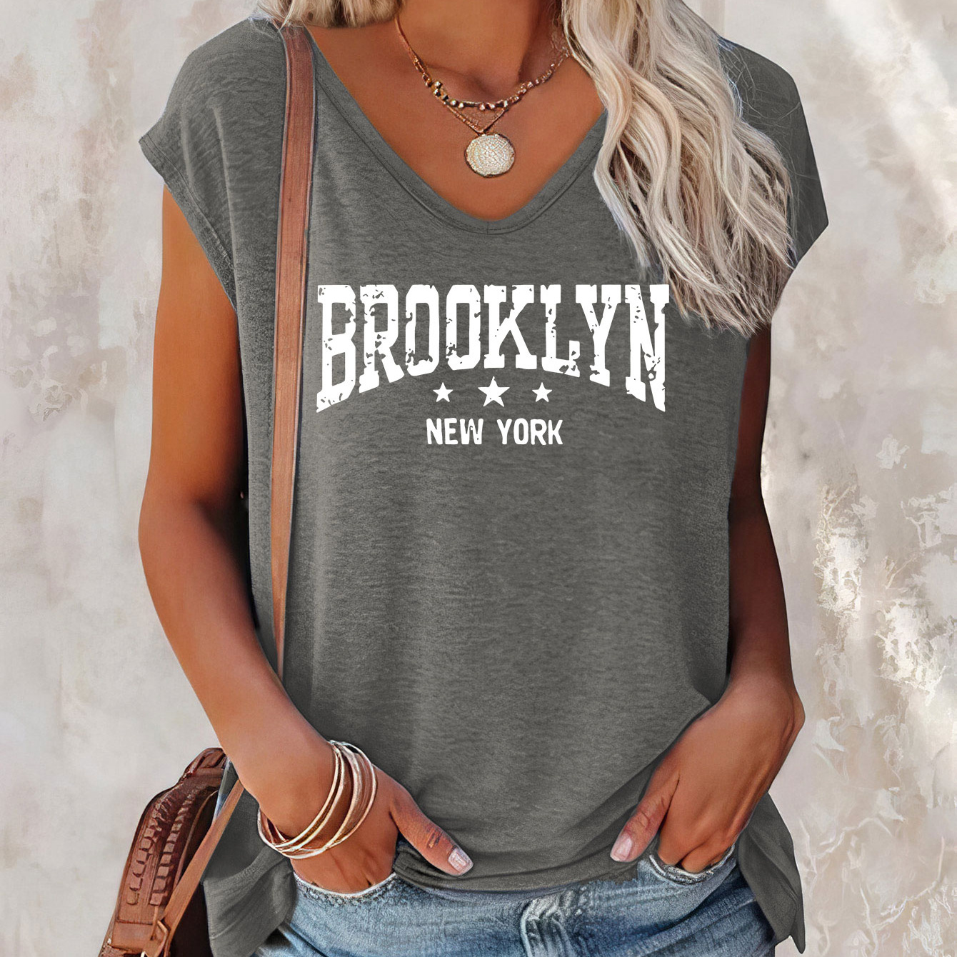 

Brooklyn Print Cap Sleeve Top, Casual Top For Summer & Spring, Women's Clothing