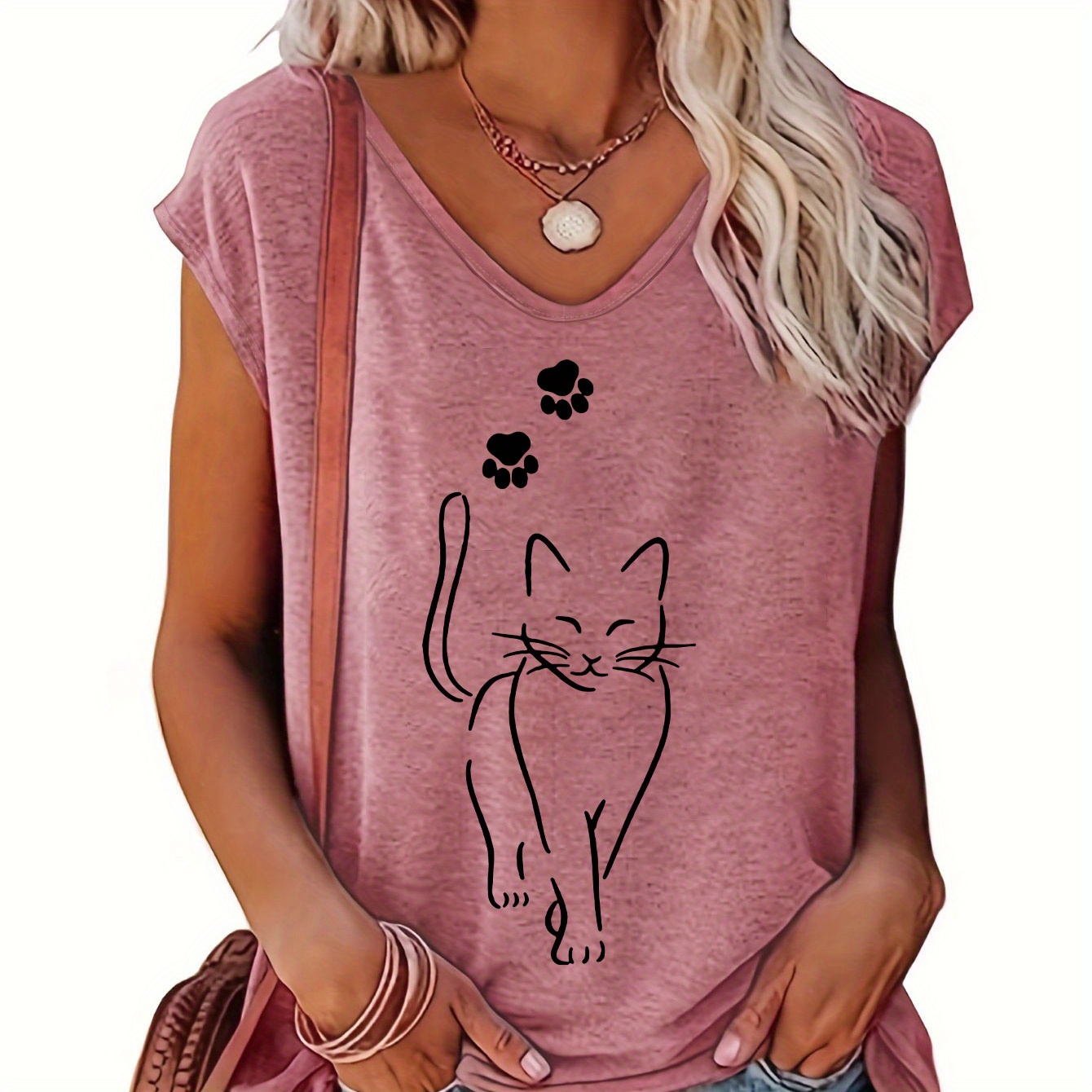 

Cat Print Cap Sleeve Tank Top, Casual V-neck Top For Summer & Spring, Women's Clothing