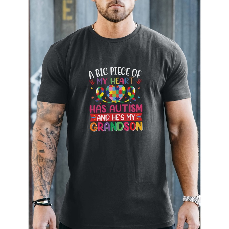 

World Autism Awareness Day Themed Graphic Print Crew Neck Short Sleeve T-shirt For Men, Casual Summer T-shirt For Daily Wear And Vacation Resorts