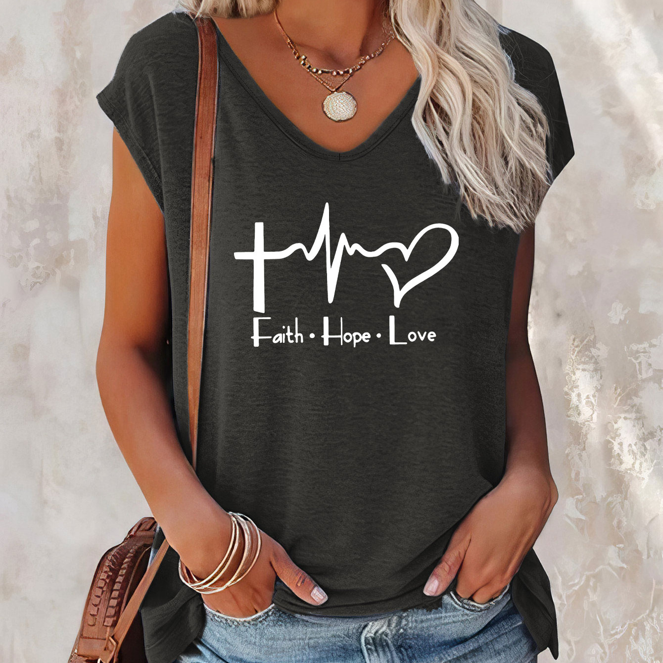 

Heart Print Cap Sleeve Top, Casual Top For Summer & Spring, Women's Clothing