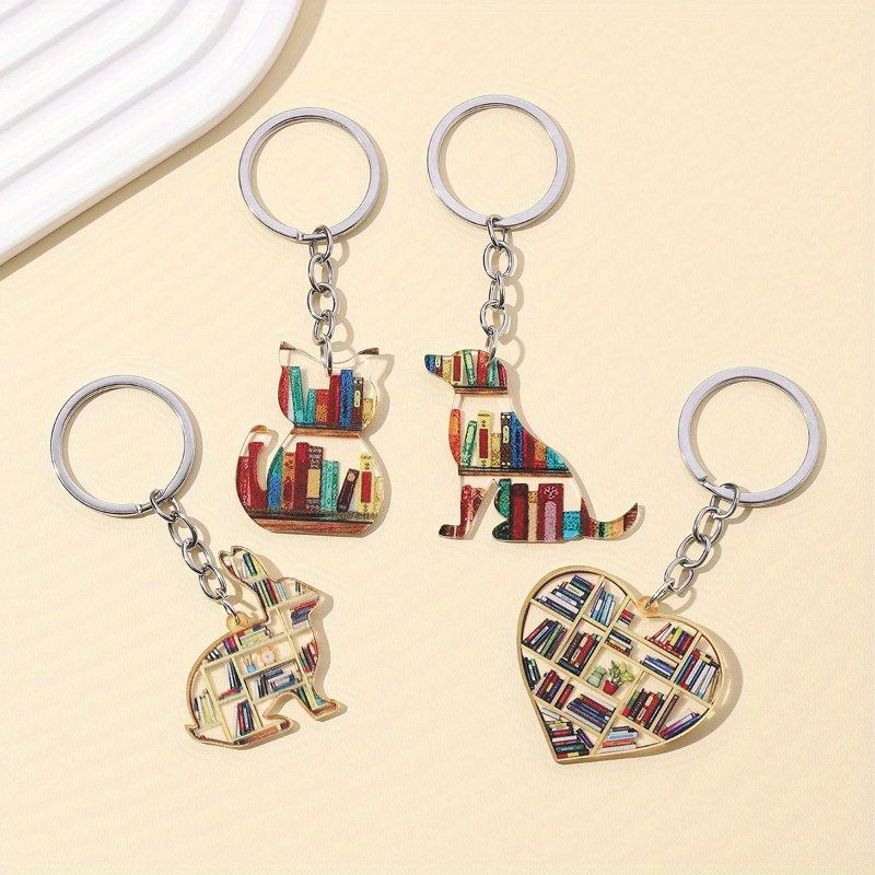 

Acrylic Book Lovers Keychain Pendant - Cartoon Dog, Cat, Rabbit Heart-shaped Keyring For Graduation Season, Bag Charms Accessory