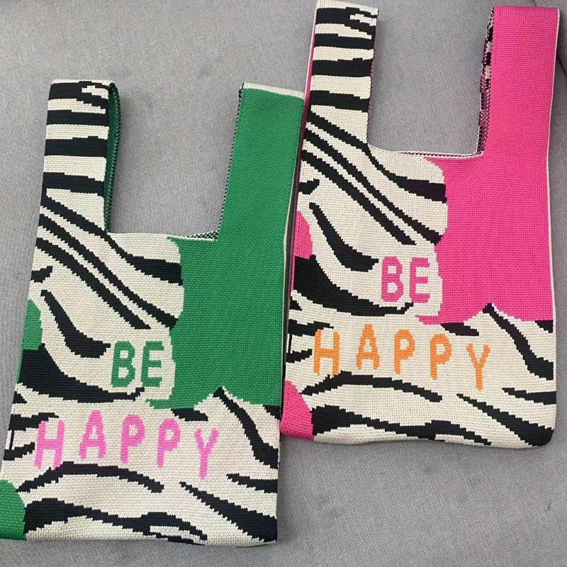 

Stylish Knitted Shoulder Tote Bags With Be Happy Slogan, Trendy One-strap Carryall, Fashion Accessory For Women