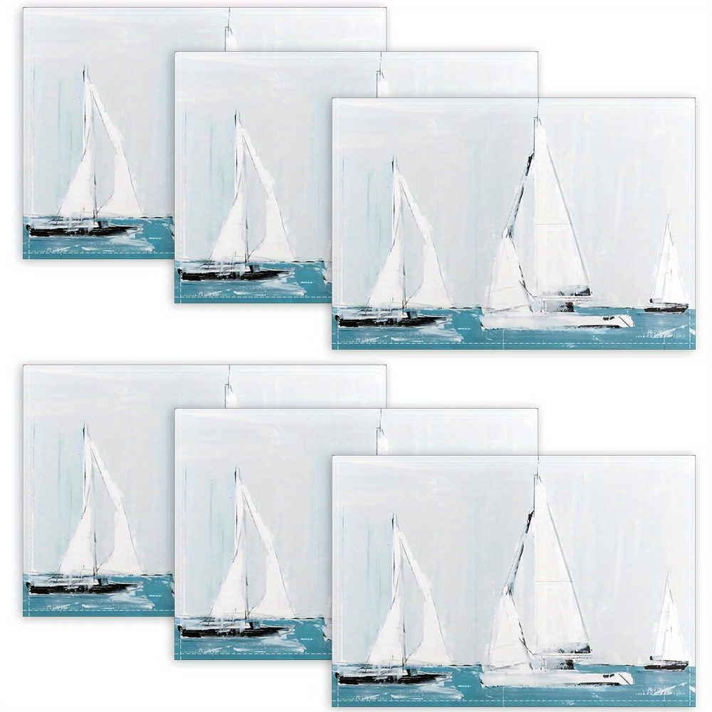 

1/4/6pcs Placemats, Household Nautical Sailboat Design Polyester Placemats, Washable Table Mats, For Family Dinners, Hotels, Banquets, And Holiday Events, Home Supplies